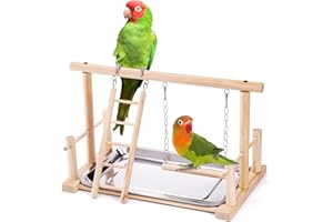 Okllen Bird Playground, Natural Wood Bird Perch Stand with Ladder Swing, Exercise Gym Toys Platform for Luonfels, Budgie, Cockatiels, Conures, Parakeets, Lovebird, Cockatoos, Include a Tray