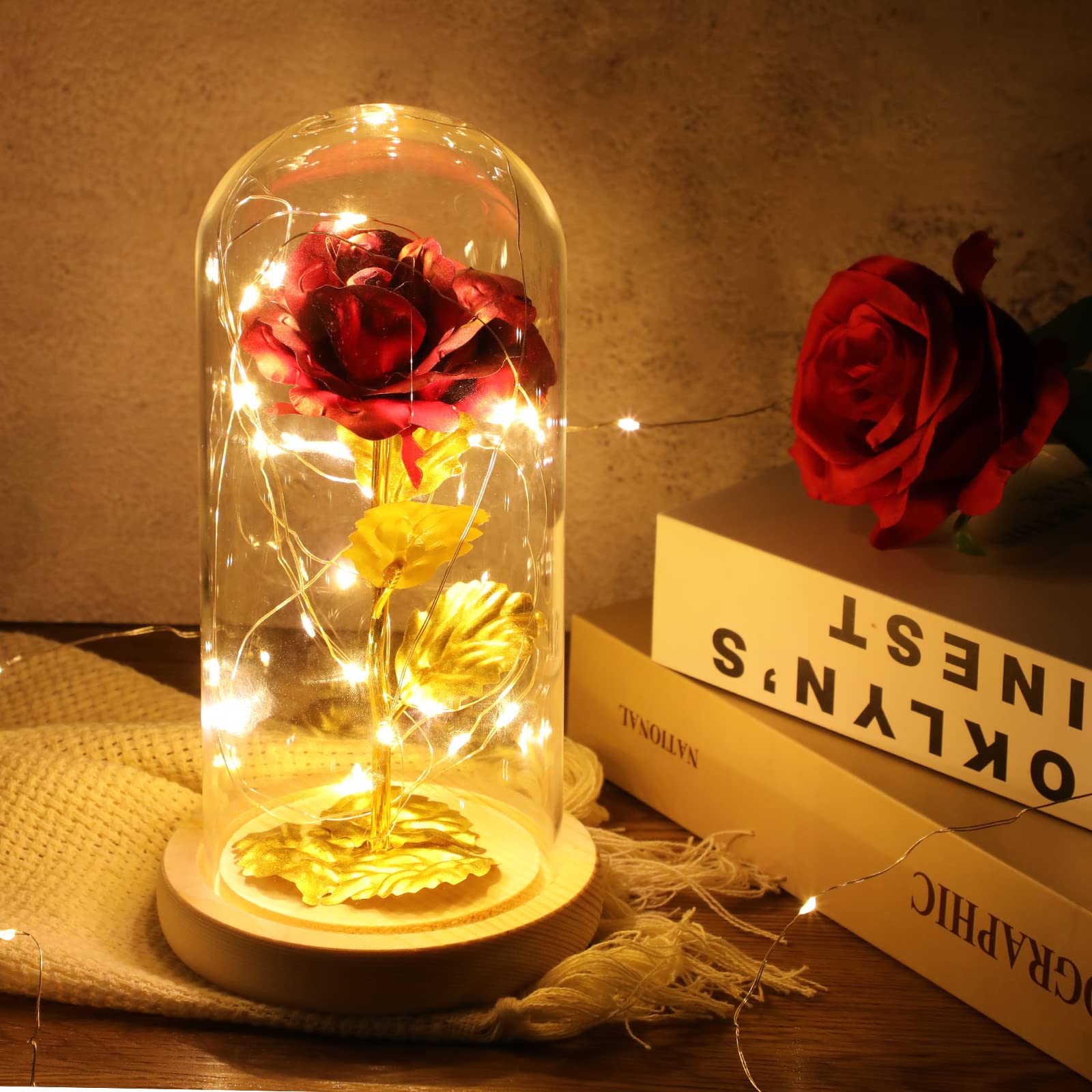 ADAZ 24K Eternal Rose for Women/Wife/Grandma/Girlfriend for Her Rose Flower Artificial Roses in Glass Dome with LED Light Strip on Mother's Day Valentine's Day,Anniversary
