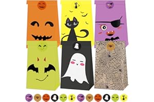 JREMREO 24 Pcs Halloween Treat Bags Set with Stickers, Assorted Paper Gift Candy Bags Including Ghosts, Cats, Pumpkins, and Spiders Designs for Trick-or-Treat, Goodie Bags, Party Favors, and Classroom Gifts