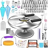 RFAQK 250 PCs Aluminum Cake Decorating Tools Kit with 12" Metal Turntable & Knife set-48 Numbered Icing Tips-3 Russian Piping