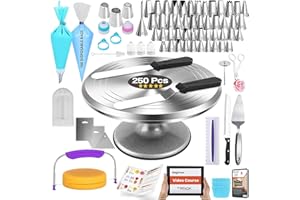 RFAQK 250 PCs Aluminum Cake Decorating Kit with 12" Cake Turntable - 48 Numbered Piping Tips and Piping Bags -Russian Tips -S