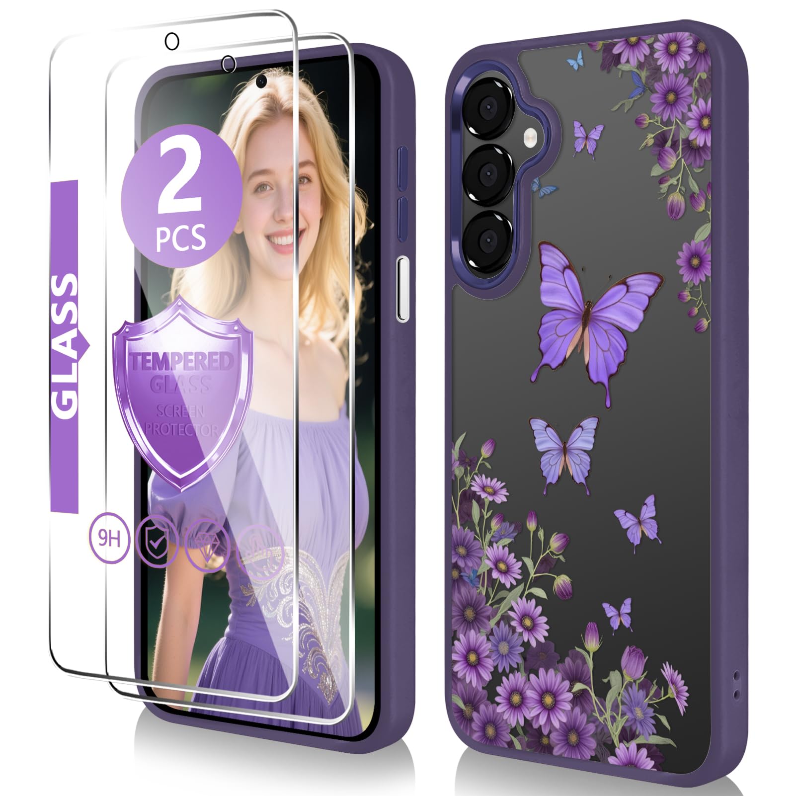 Govmeie for Samsung Galaxy A16 5G Case(6.7 inch) with Tempered Glass Screen Protector Slim TPU & Hard PC Crystal Clear Cover, Elegant Cute Floral Pattern Design for Girls Women -Butterfly/Deep Purple