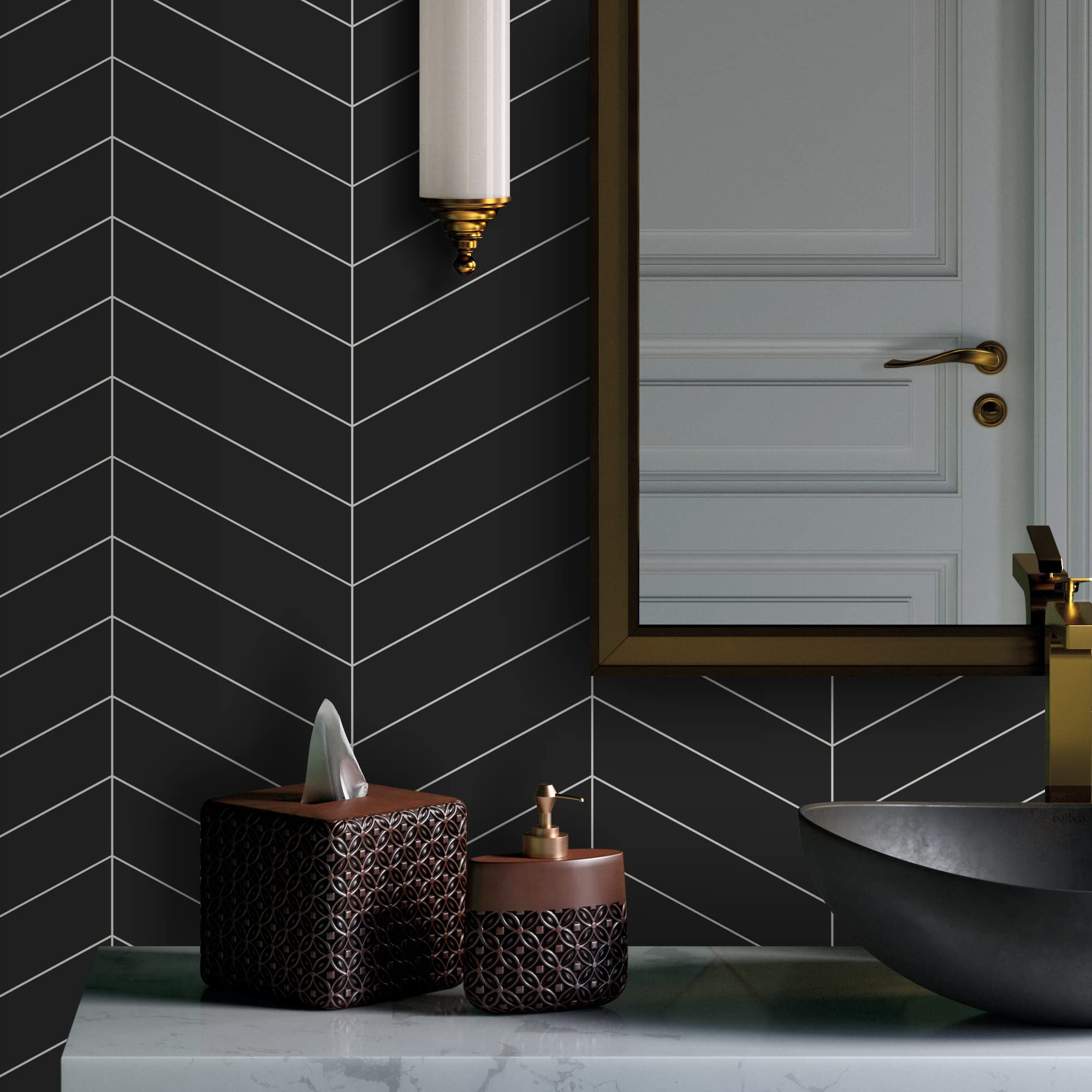 Photo 1 of SUNWINGS Chevron Backsplash Tile for Kitchen Peel and Stick, Black Arrow Stone Composite Stick on Tiles Self Adhesive Mosaic Wall Tile for Bathroom, 10 Sheets
