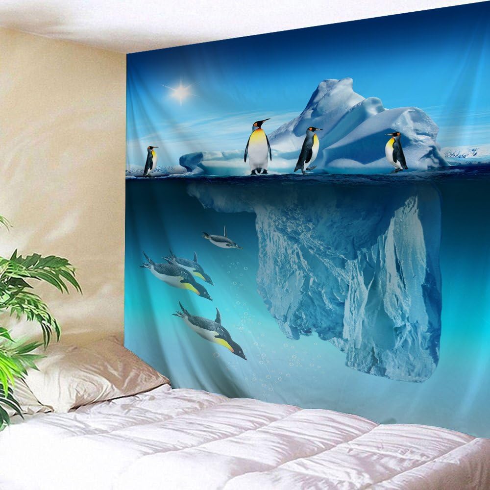 ALFALFA Wall Hanging Decor Nature Art Polyester Fabric Tapestry, Ocean Beach Theme, for Dorm Room, Bedroom,Living Room - 90" W x 71" L (230cmx180cm) - Iceberg Penguin
