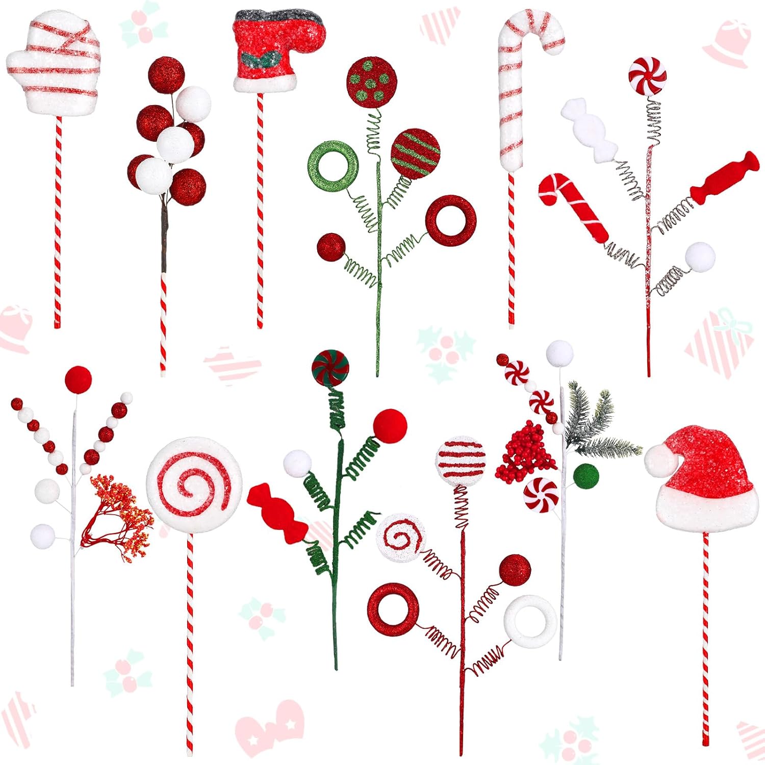 Tree Toppers - Liliful 12 Pcs 13.78 Inch Christmas Tree Picks Santa Hat Gloves Ball Berry Boot Curly Candy and Lollipop Pick Glitter Christmas Tree Sticks Ornaments Toppers for Xmas Wreath Vase Filler Crafts