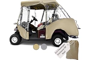 Formosa Covers 2+2 Golf Cart Drivable Enclosure - Durable YKK Door Zipper - 4 Passenger Golf Cart Rain Cover Short Roof 58" EZGO, Club Car 360 Clear Windows | Taupe
