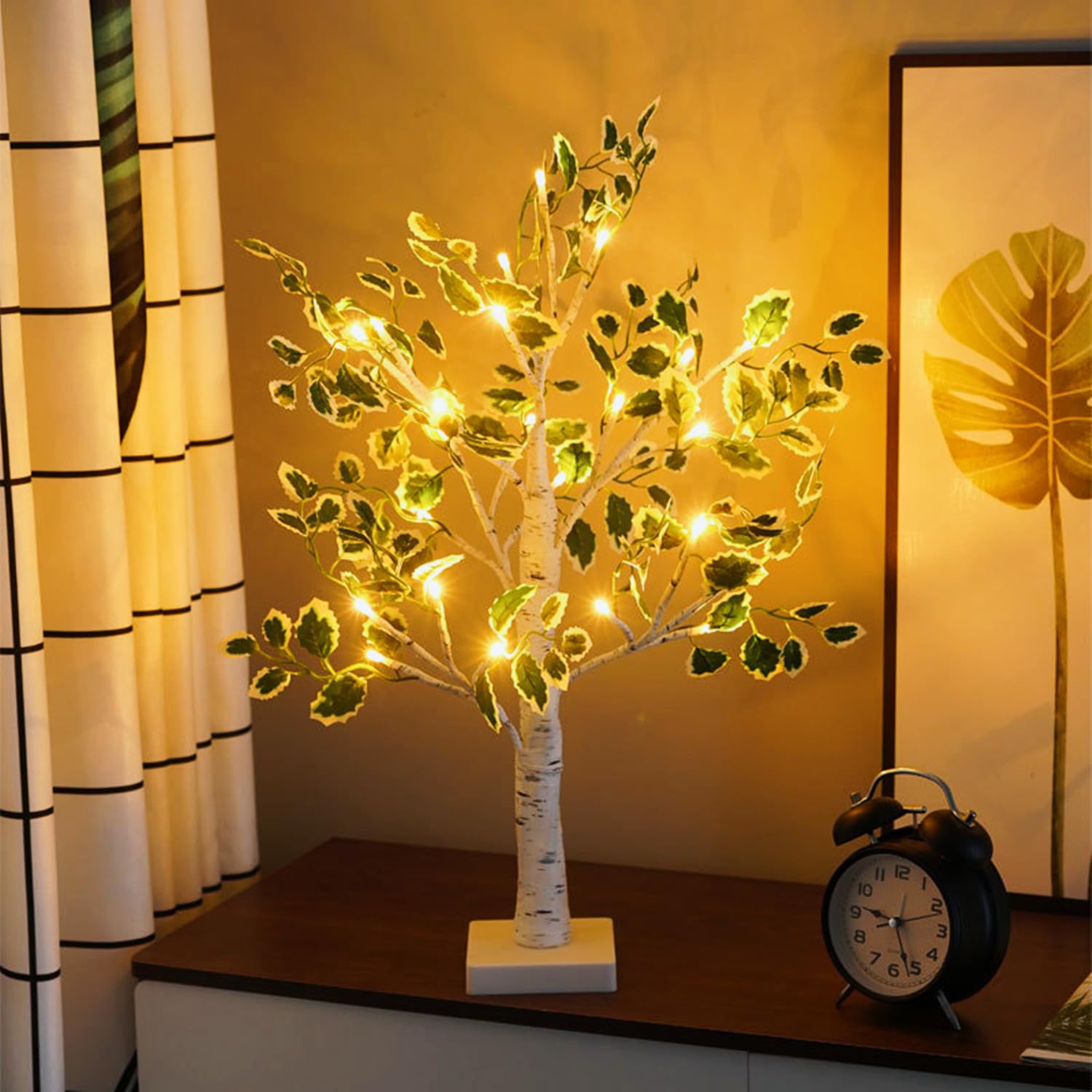 White Birch Table Tree Light,Christmas Light up Tree with Artificial Green Leaves and 24 Warm White LEDs for Fireplace Bedroom Home Party Wedding Christmas Decor,Table Mini Bonsai Tree Lamp 23.6Inch