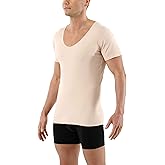 ALBERT KREUZ Men's Laser Cut Invisible Seamless deep v-Neck Undershirt Short Sleeves Stretch Cotton Beige