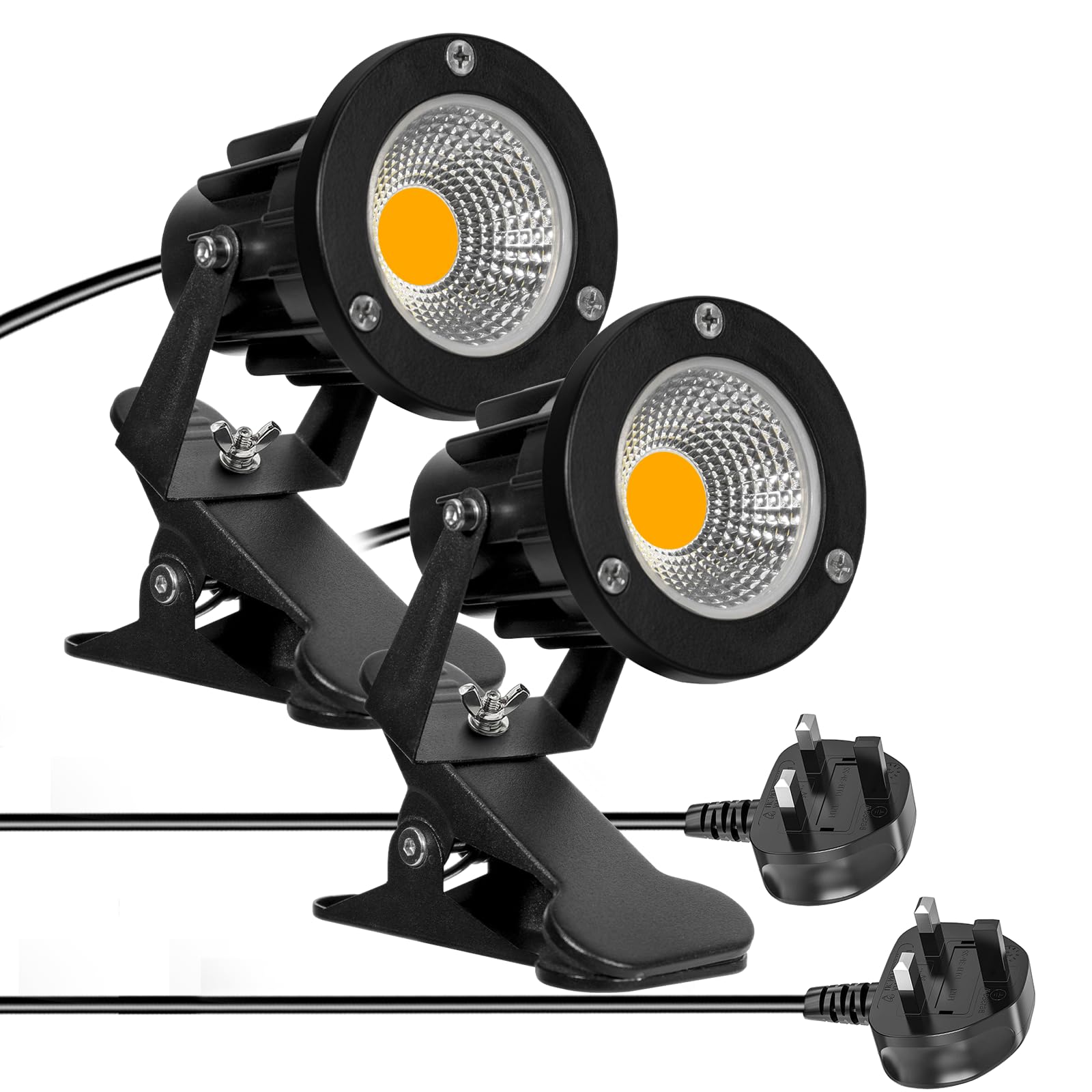 Milpoel COB LED Clip on Spot Lights, 7W, 3M Cord, IP65 Waterproof, for Indoor/Outdoor Pathway, Deck, Lawn, Patio, Walkway, Billboard (Warm Light, 2 Pack)