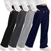 LessonZoo 4 Pack Girls' Straight Leg Sweatpants, Kids Drawstring Casual Joggers Teen Loose Open Bottom Pants with Pockets(Navy Blue, Light Gray, Dark Gray, Black,Medium)