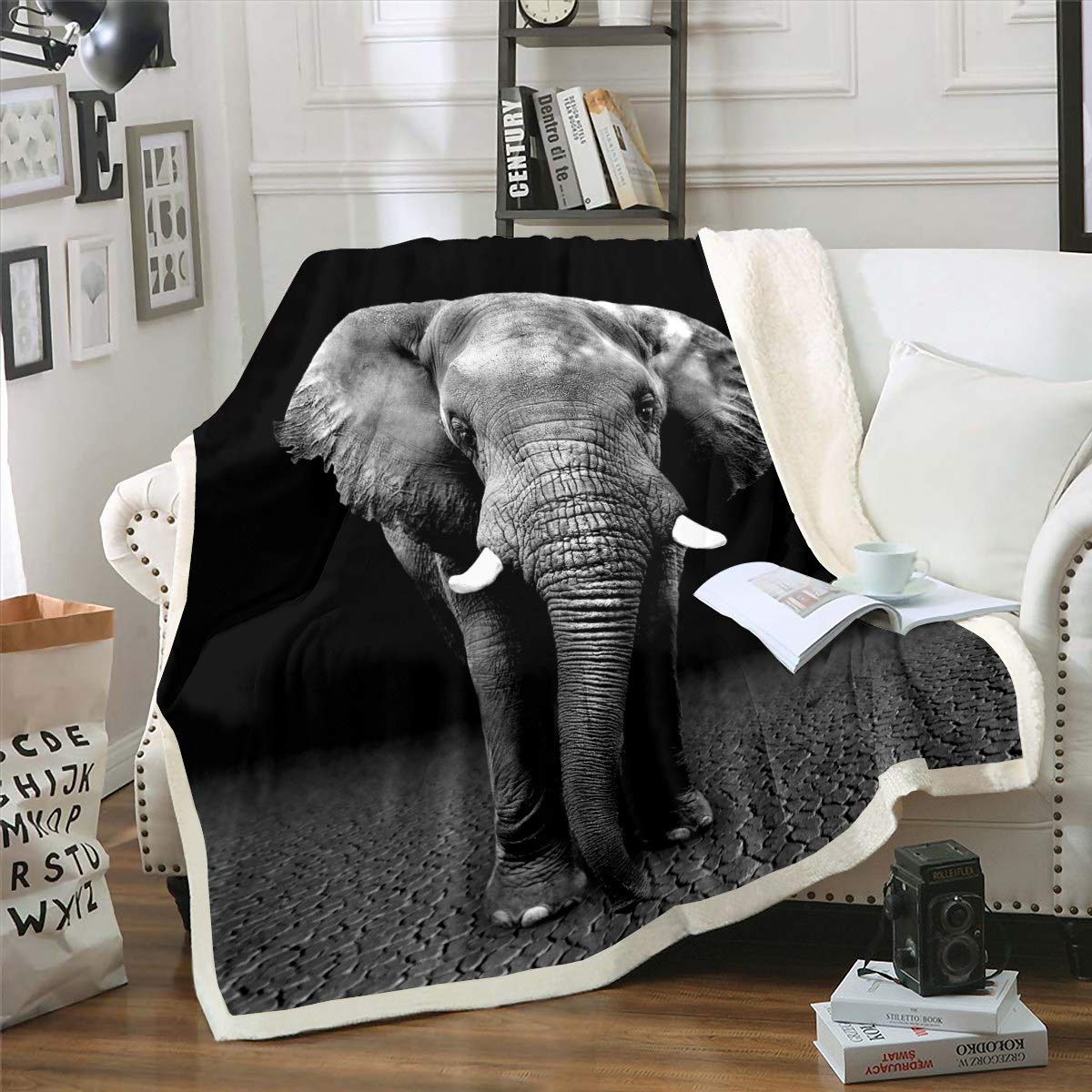 Loussiesd Elephant Plush Blanket 3D Elephant Print for Kids Boys Adults Wild Animal Pattern Fleece Throw Blanket Soft for Sofa Bed Couch Single 50x60 Inch,Black