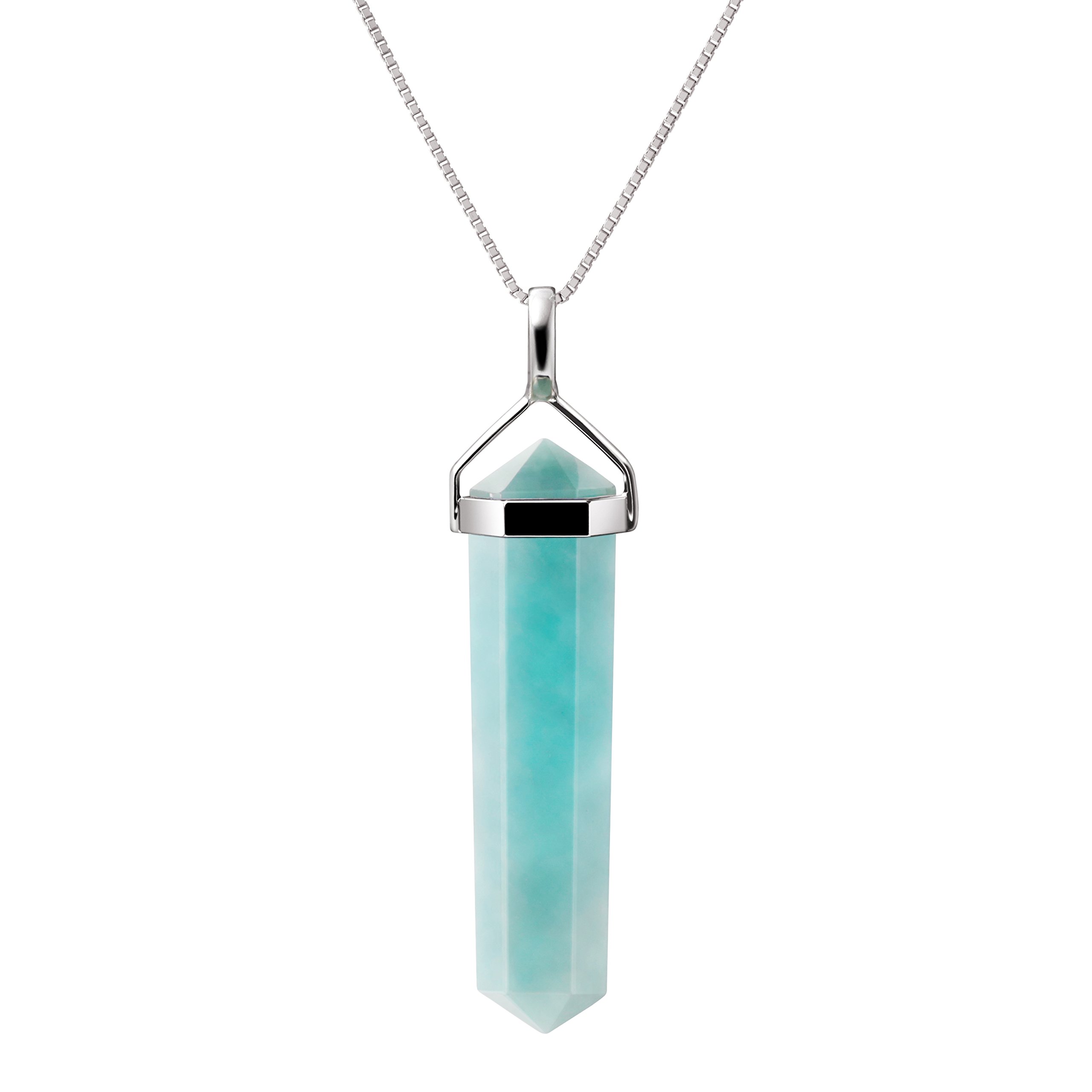 Franki Baker Natural Amazonite Gemstone 925 Sterling Silver Double Point Pendant Necklace. Chain length: 50cms