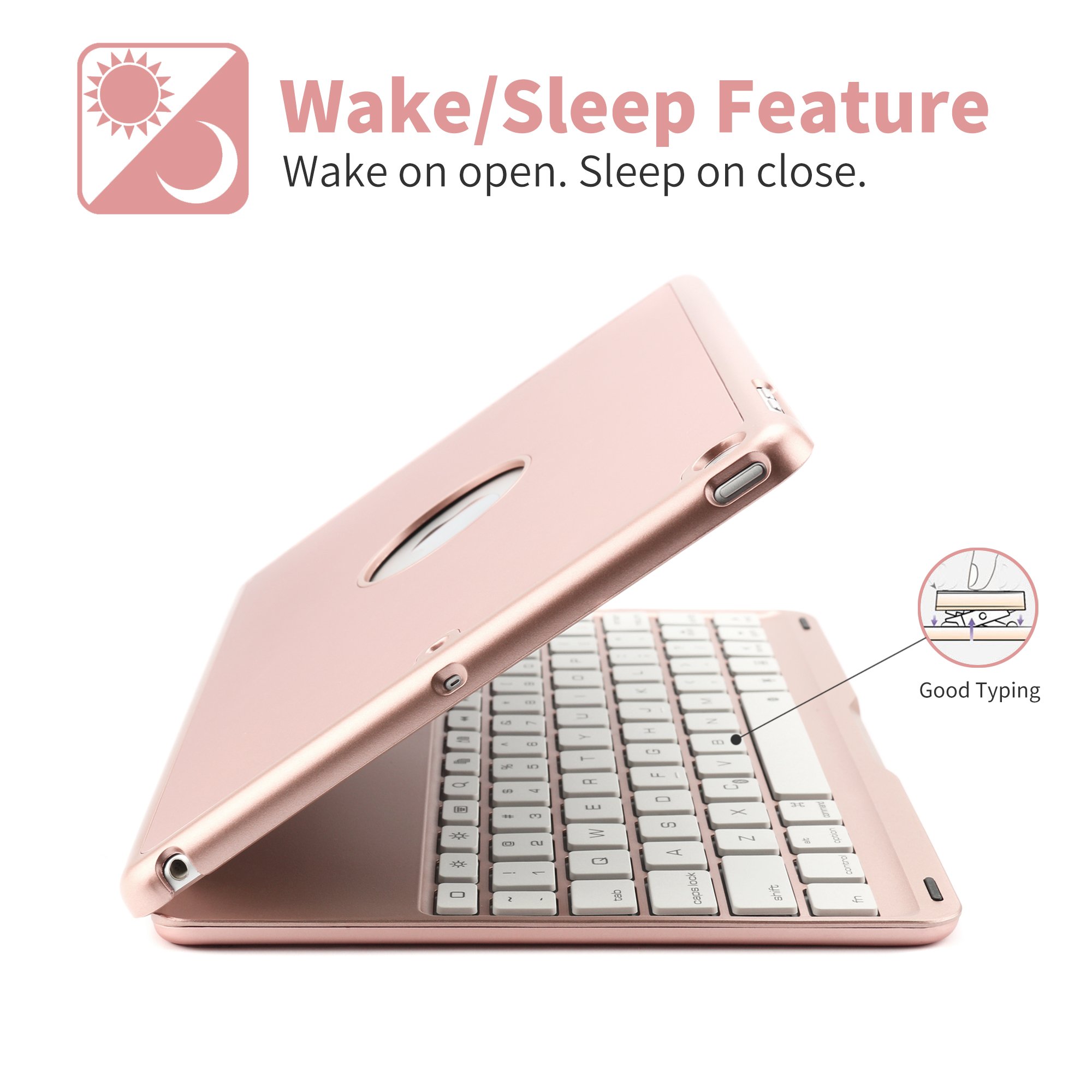 Keyboard Case iPad 9.7 2018(6th Gen) - iPad 9.7 2017(5th Gen) - iPad Air 1-130 Rotating - 7 Color Backlit Keyboard -Thin & Light - iPad Case with Keyboard, (Rose gold, 9,7)