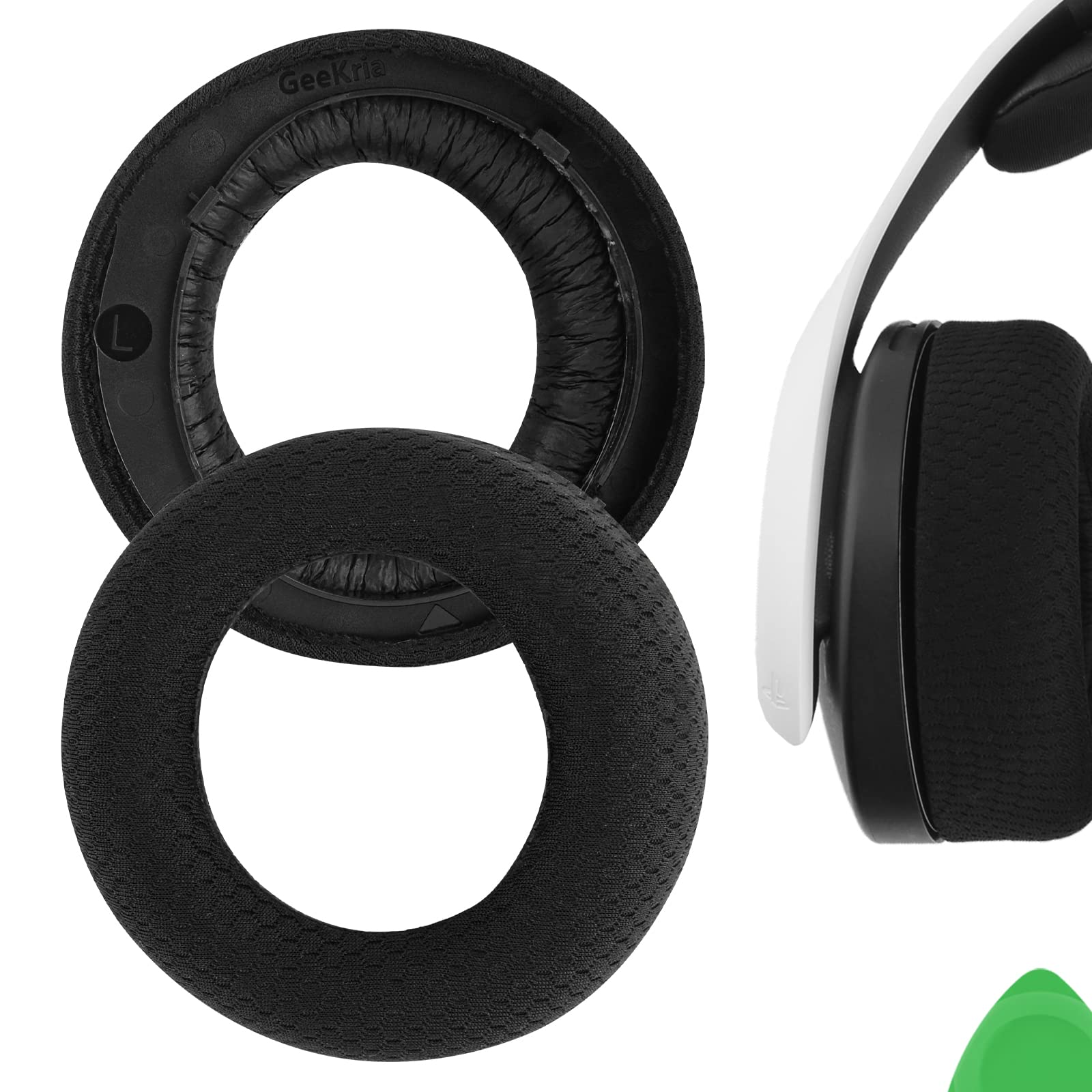 Geekria Comfort Mesh Fabric Replacement Ear Pads for Sony PlayStation 5 PULSE 3D Headphones Ear Cushions, Repair Parts (Black)