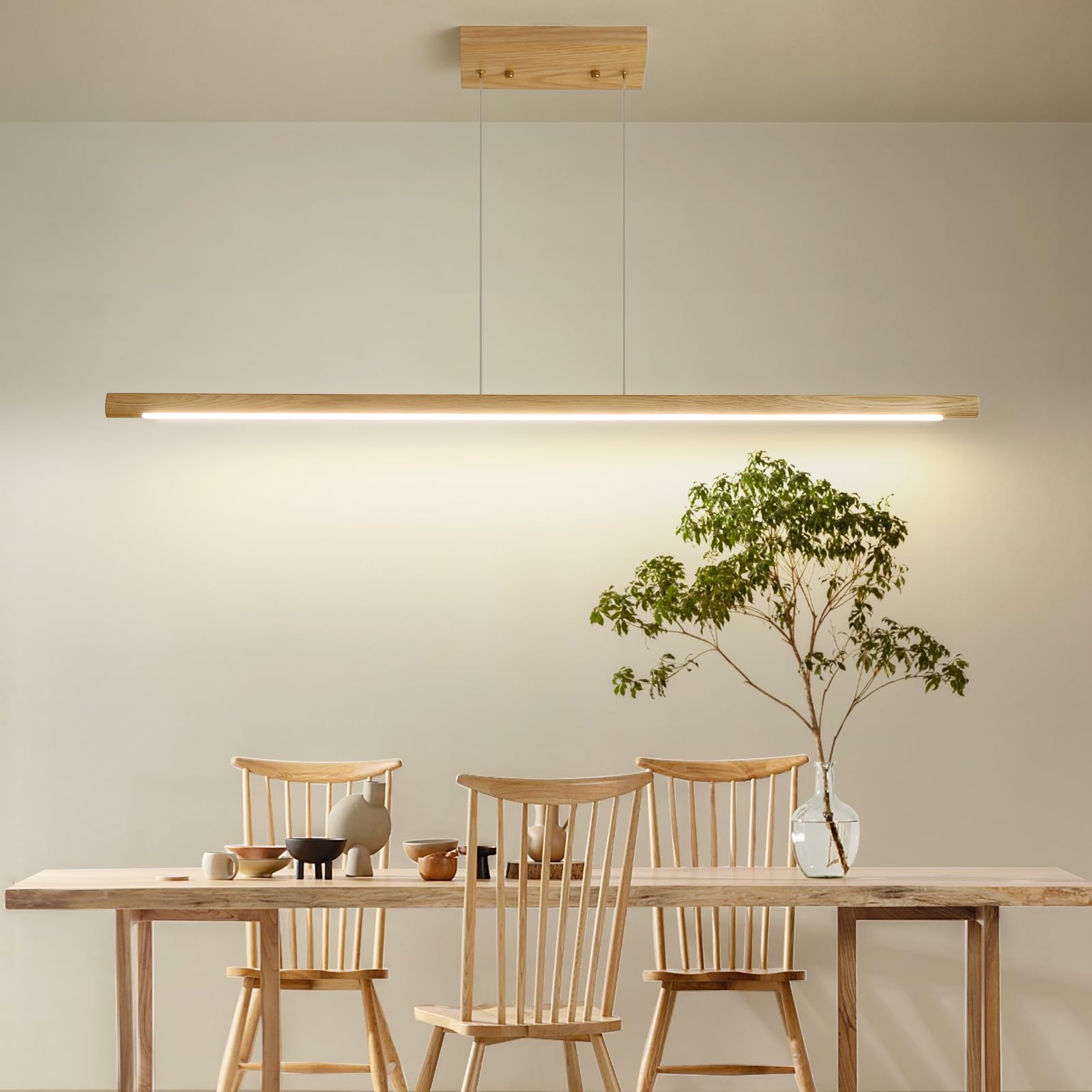 Mikeru 100cm Ash Wood Round Pendant Light, Dining Table Lights 3000K/4500K/6500K Wood Linear Pendant Light LED Dimmable 10% to 100% Modern Island Lighting for Office, Kitchen