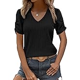 EVALESS Womens Short Sleeve Tops Summer Casual V Neck T Shirts Blouses Solid Textured Knit Tee Tunic