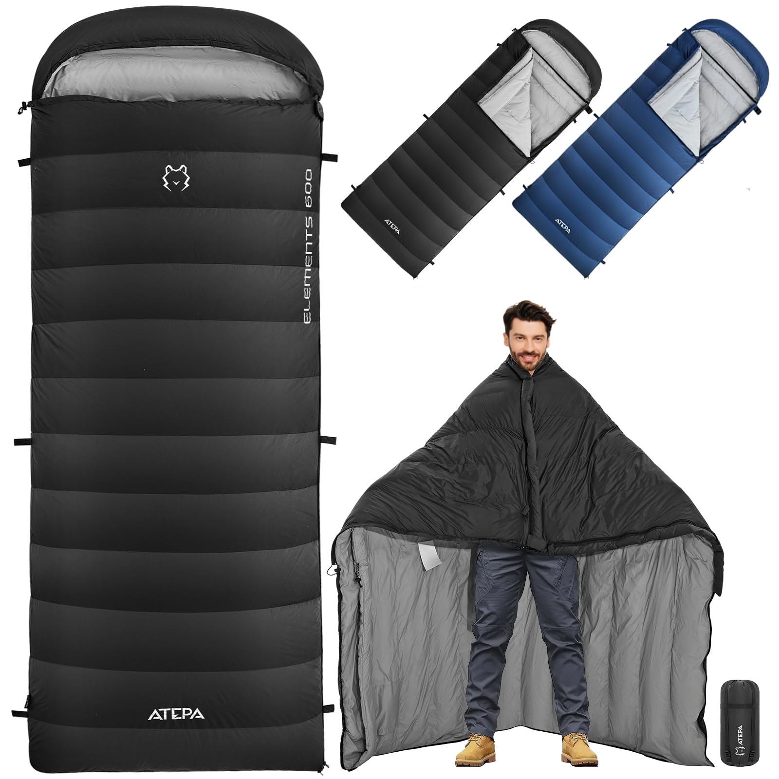 Photo 1 of ATEPA Down Sleeping Bag for Adults, Lightweight Cold Weather 3 Season Backpacking Sleeping Bag, with Wearable Rectangle Wide Waterproof Design & Compression Sack for Backpacking Hiking Camping, Black