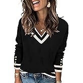 AKEWEI Womens V Neck Sweaters Long Sleeve Lightweight Knit Pullover Tops with Decorative Buttons