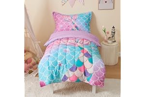 SUCHBED Mermaid Tail Toddler Bedding Set Crib Bedding Set for Girls 4 Pieces with Toddler Comforter, Toddler Bed Sheets, Pillowcase, Purple Blue Gradient