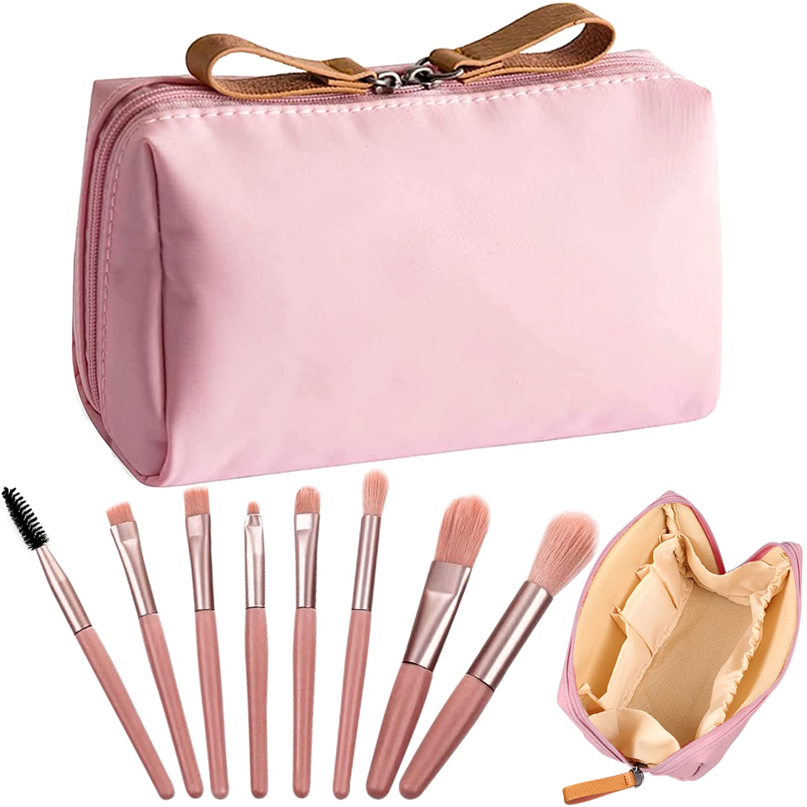 BDSHUNBF Travel Cosmetic Bag, Pink Makeup Bag, Waterproof Makeup Pouch, Small Make Up Bag, Portable Organizer Bag for Women Girls Toiletry Bag, with Portable Travel Makeup Brush Set