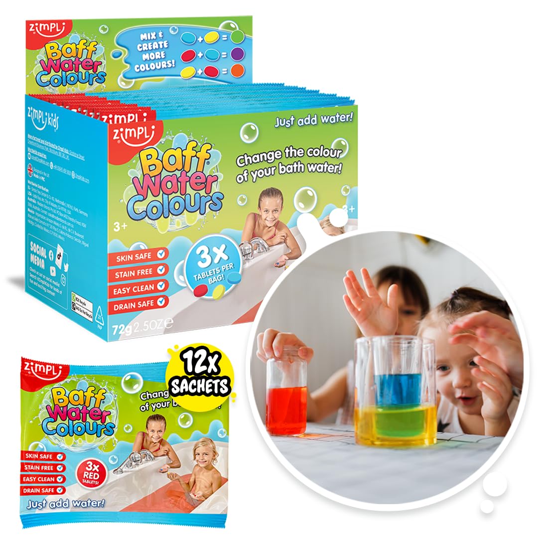 ZIMPLI - 12 x Baff Water Colour Tablets, Each Bag has 3 tabs Giving 35 Total uses, Bath Toy Drops, Party Bag Fillers, Favours