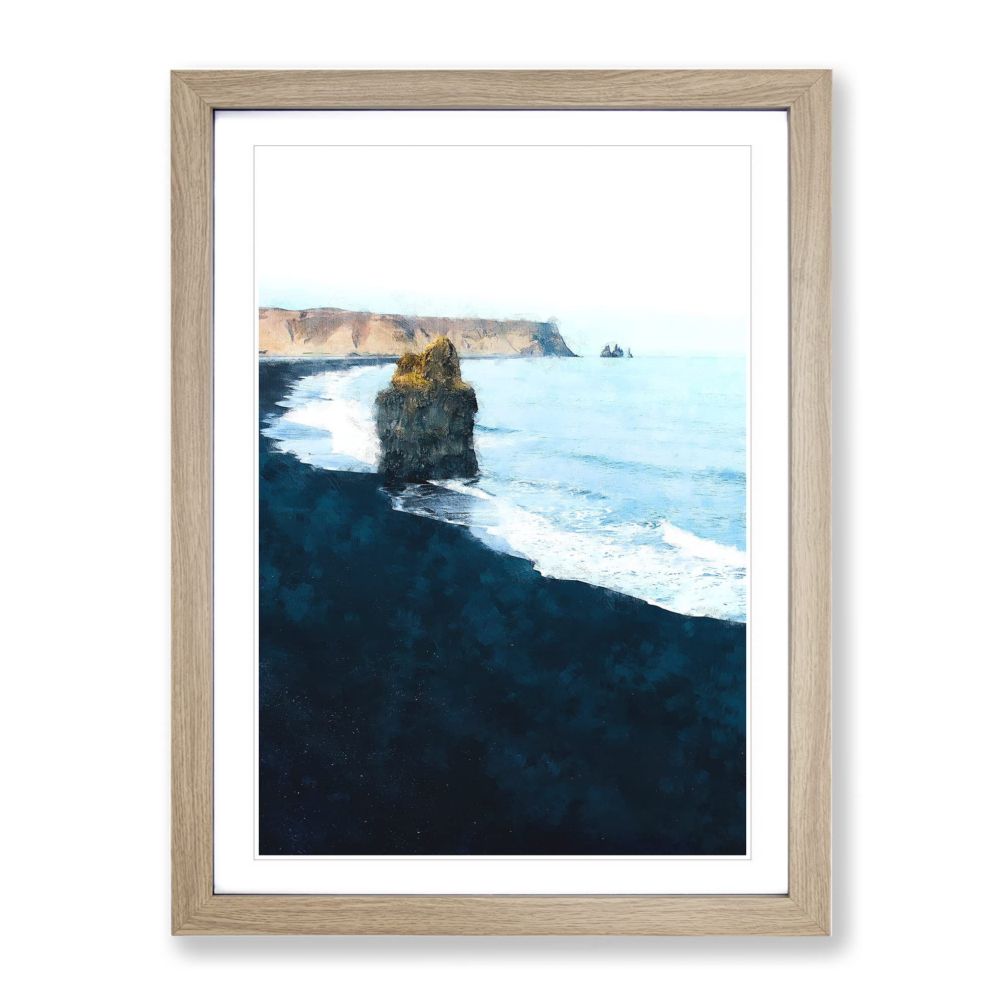 Black Sand Beach In Vik Iceland Painting Modern Framed Wall Art Print, Ready to Hang Picture for Living Room Bedroom Home Office Décor, Oak A4 (34 x 25 cm)