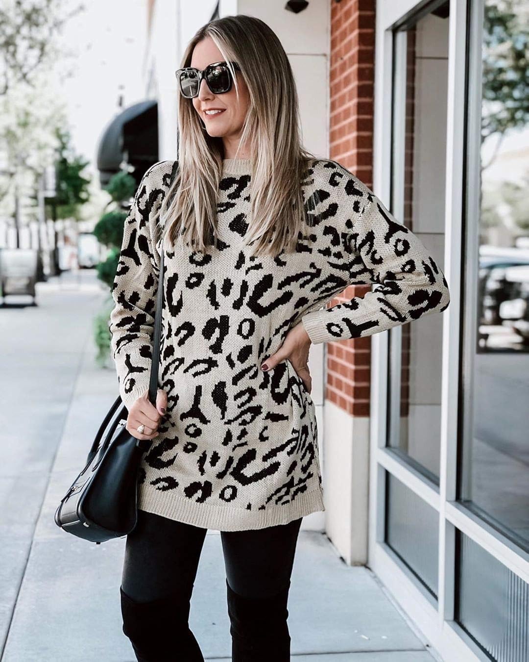 PRETTYGARDEN Women’s Casual Leopard Print Long Sleeve Crew Neck Oversized Pullover Knit Sweaters Tops at  Women’s Clothing store