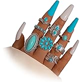 Annpro Bohemian Joint Knuckle Rings Set for Women,Vintage Boho Turquoise Stackable Rings Chunky Retro Turquoise Midi Finger Ring Statement Western Jewelry