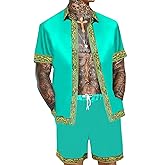 OYOZONE Men's Hawaiian Shirt and Short Set 2 Piece Outfits Luxury Printed Casual Button Down Short Sleeve Satin Shirt Suits