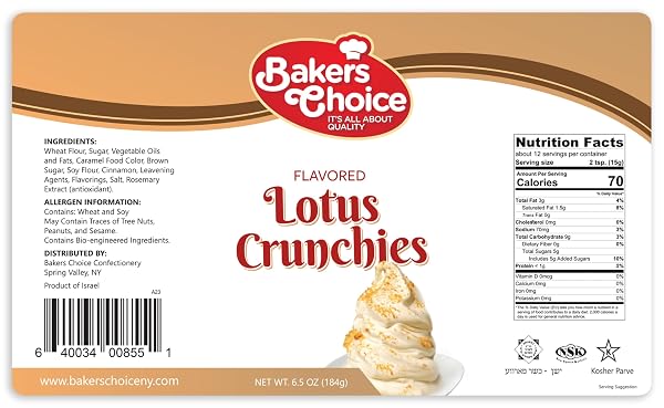 BAKER’S CHOICE LOTUS CRUNCH TOPPING – LOTUS FLAVORED CRUNCHY SPRINKLES FOR ICE CREAM SUNDAE TOPPINGS – 6.5 OZ. – DAIRY FREE, KOSHER – BAKER’S CHOICE