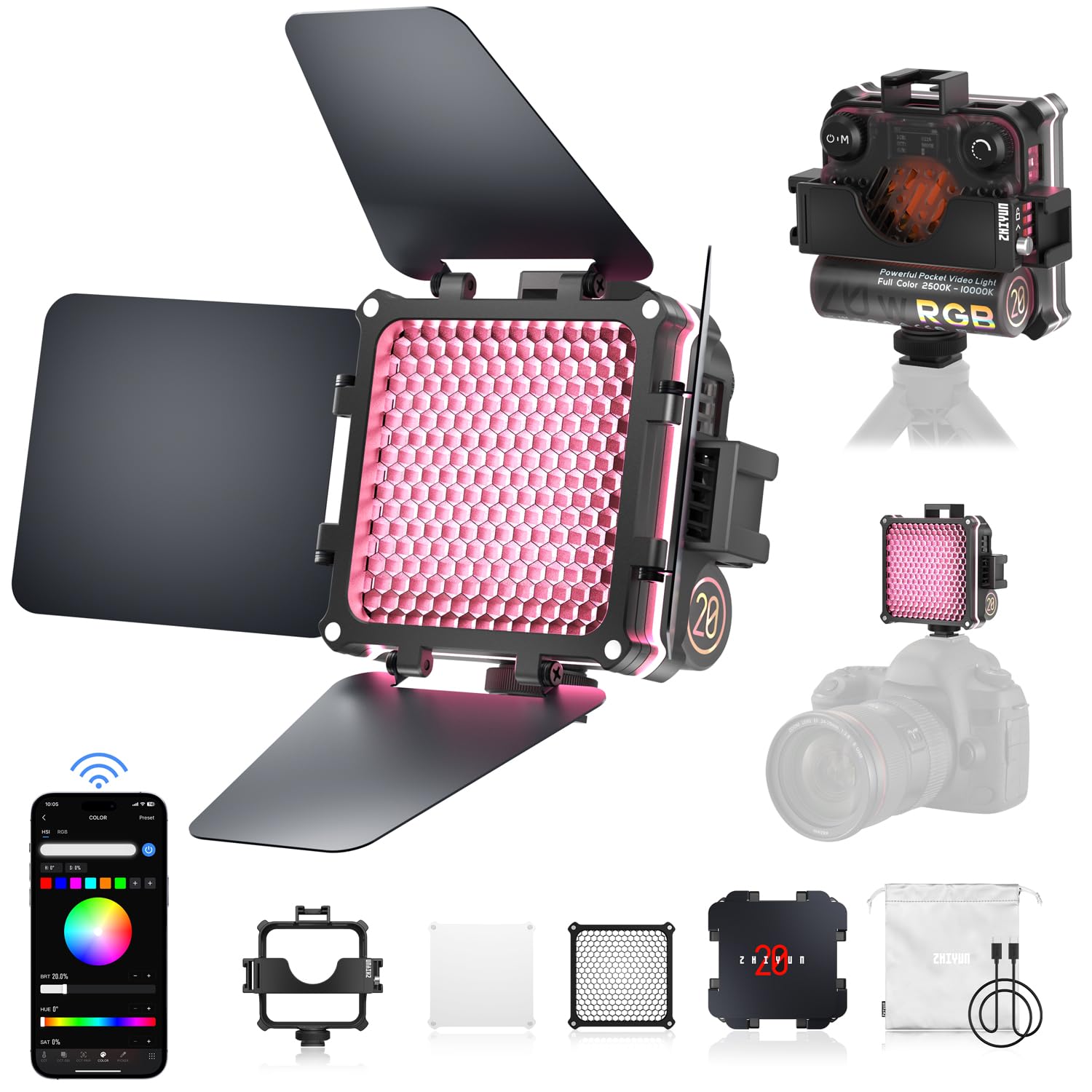ZHIYUN FIVERAY M20C [Official] 20W RGB Video Light, 4500mAh Rechargeable Camera Light 2500-10000K Dimmable LED Panel Light with Extension Bracket (Combo)
