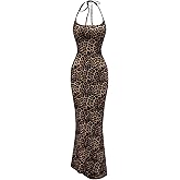 SOFIA'S CHOICE Cheetah Print Dress Leopard Halter Neck Long Tight Bodycon Spaghetti Strap Maxi Dress