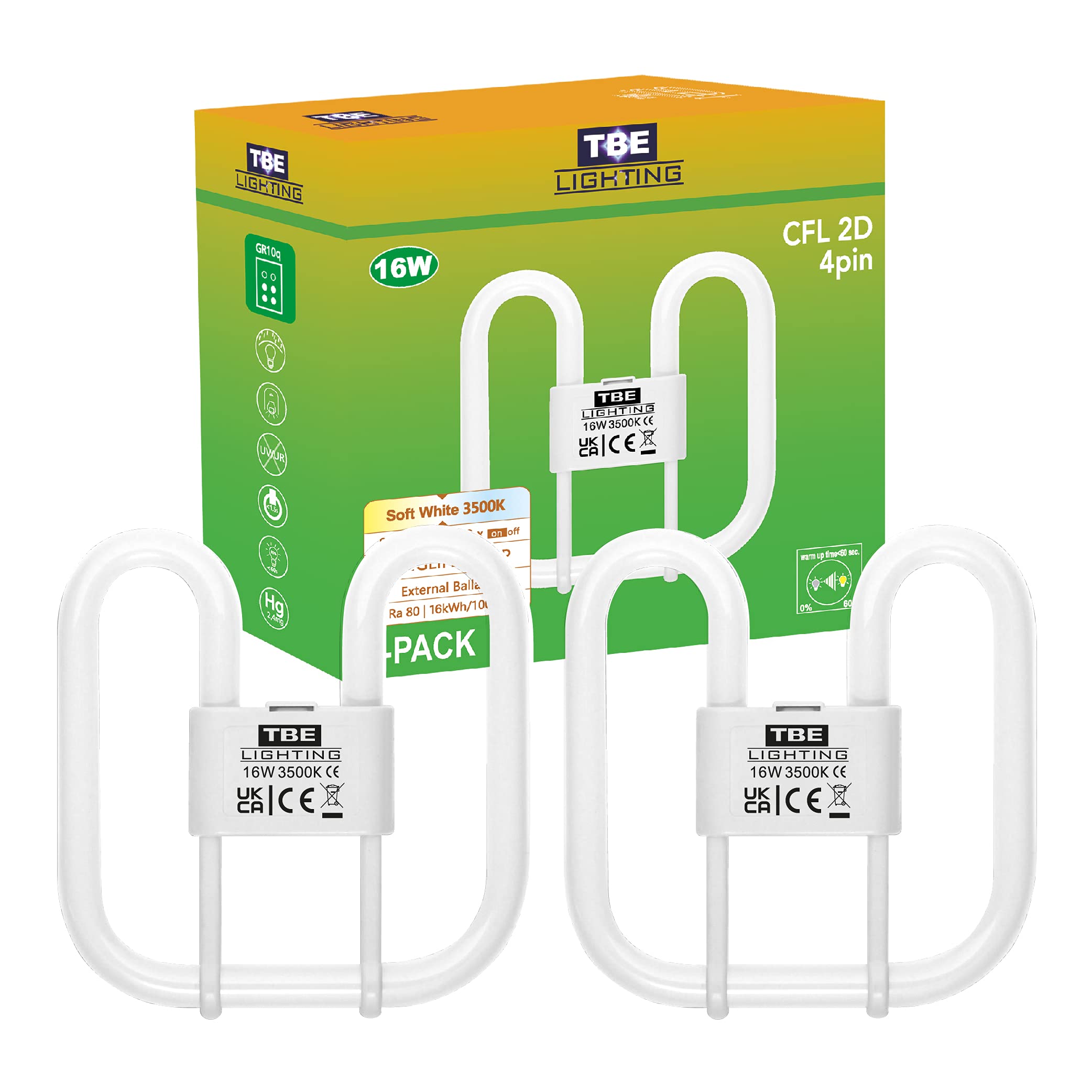 TBE Lighting 16w 2D 4-PIN CFL Energy Saving Lamps - DD Fluorescent Bulbs - 4-Pin GR10q Base Fittings - Long Life Lamp, Soft White 3500K (2-Pack)