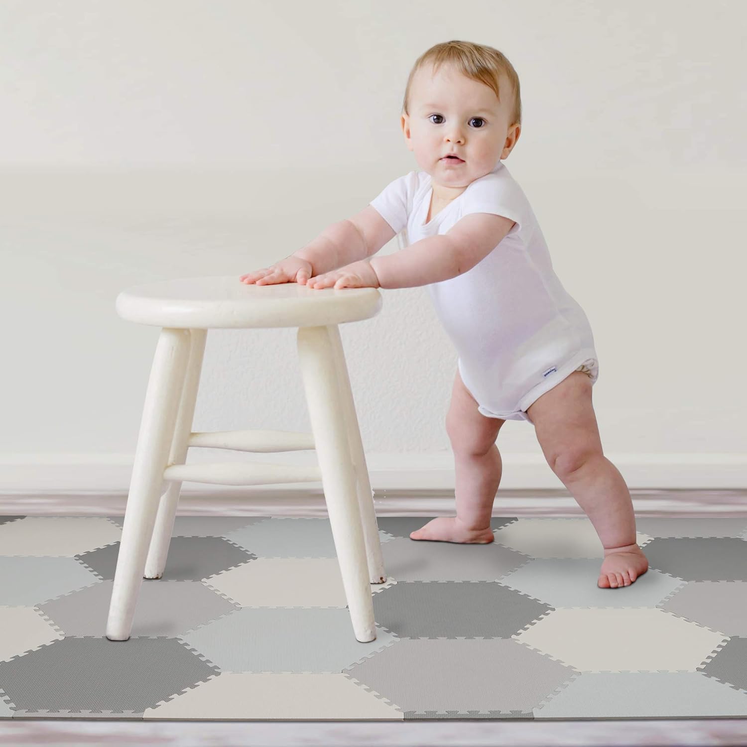 Baby Brielle Interlocking Hexagon Floor Foam Tile Activity Mat for Tummy Time, Crawling, and Playing Ultra Thickness Playmat for Infants and Toddlers for Nursery Room in Grey/White : Baby