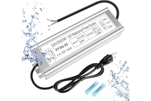 PZETCEIR LED Driver 300W 24V Power Supply, IP67 Waterproof Low Voltage Transformer, AC 110-260V to DC 24V 12.5A Converter with 3-Prong Plug 3.3 Feet Cable for Outdoor LED Lights, Industrial, Computer