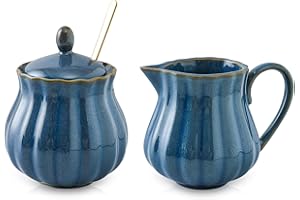 Selamica Ceramic Sugar and Creamer Set, 7.5 Oz Sugar Bowl with Lid Spoon, Tea or Coffee Serving Set with Cream Pitcher, Golden Edge, Dishwasher Safe, Set of 3, Ceylon Blue
