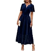 Simplee Women's Formal Velvet Maxi Dress Fall Winter V Neck Floral Short Sleeve Empire Waist Wedding Guest Dresses