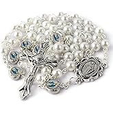 HanlinCC Glass Pearl Beads with Miraculous Epoxy Heart Metal Beads Rosary Necklace pack in Velvet Gift Bag with Rosary Pray Card