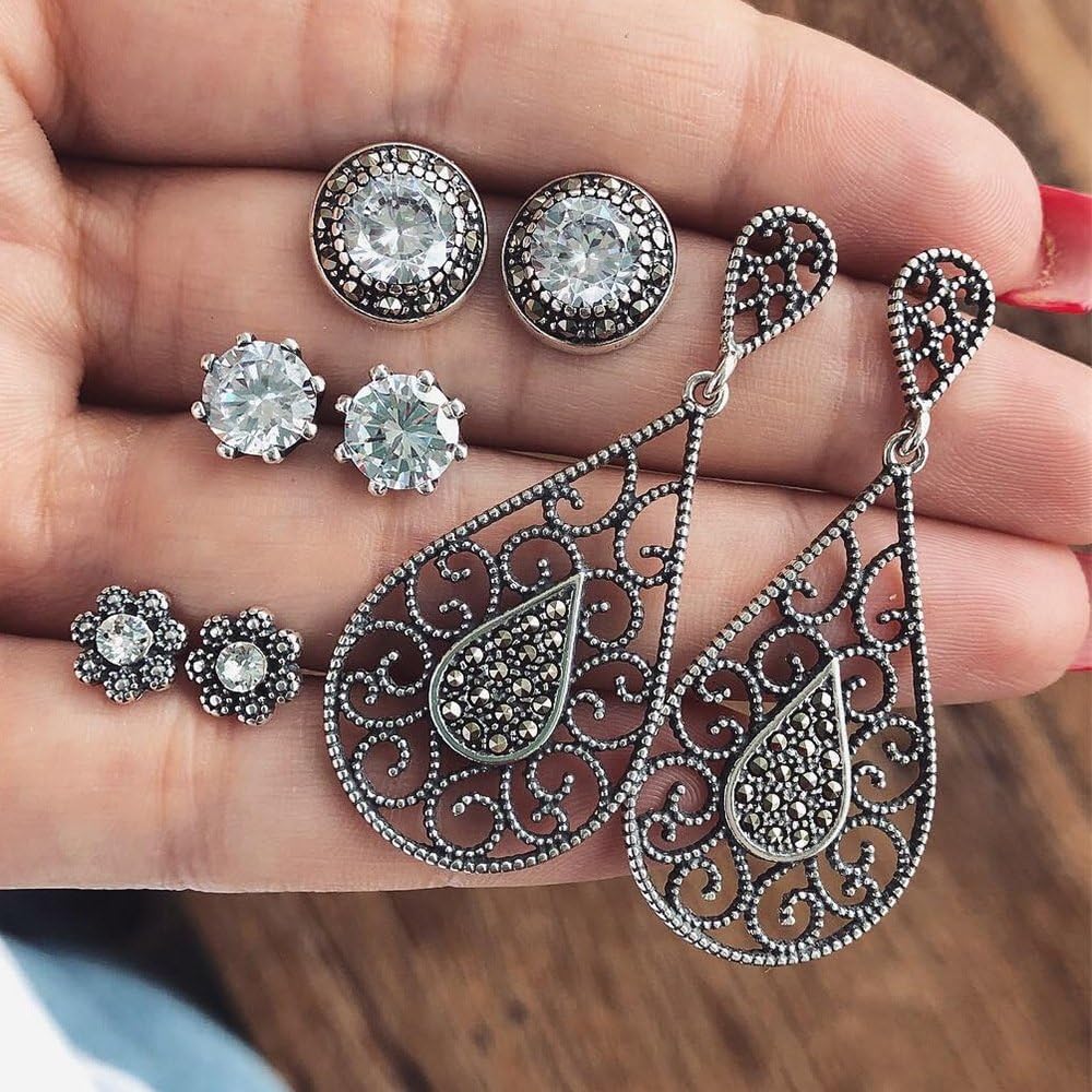 FXmimior Bohemian Earrings Retro Crystal Tribal Dangle Gypsy Vintage Silver Women Jewerly 4pc (2)