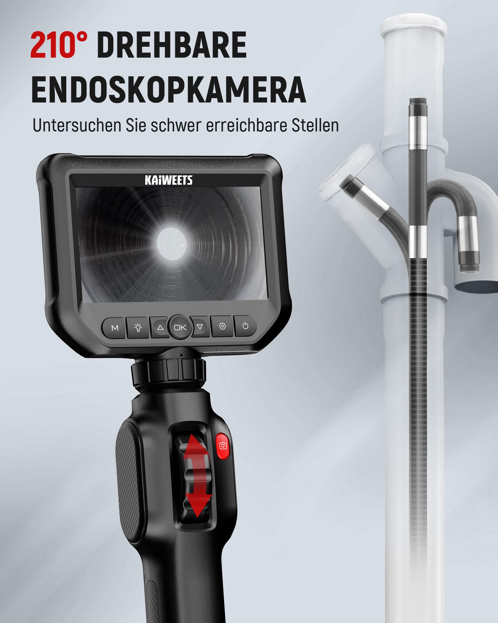 KAIWEETS Inspektionskameras Endoskopkamera mit Licht, 4,3''IPS 1080P Inspektionskamera mit Scrollradsteuerung Zwei-Wege 210° Drehung, Flexible Rohrkamera IP67 wasserdichte für Kfz und Rohrinspektion 2