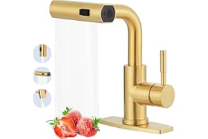 ALEASHA Bar Sink Faucet Single Hole, 3 Water Modes Wet Bar Faucets with Pull Out Sprayer, Prep Sink Faucet 360 Swivel for Small Kitchen Bathroom Faucets with cUPC Supply Lines, Brushed Golden