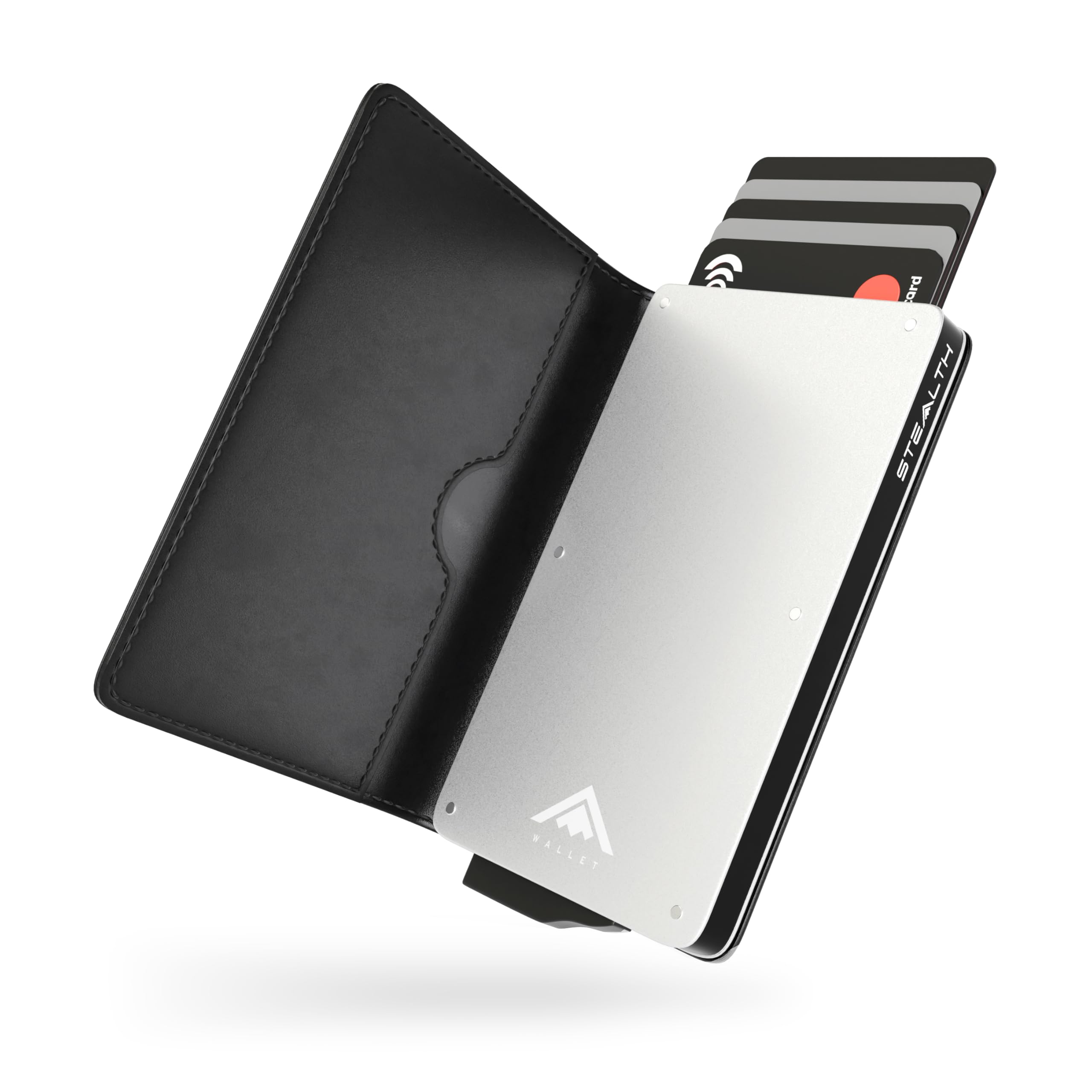 Stealth Wallet RFID Card Holder Wallet - Smart Minimalist Pop Up Wallets with Gift Box - Slim Lightweight Metal Credit Card Holders for Men & Contactless Protector (Silver Aluminium, Black Leather)