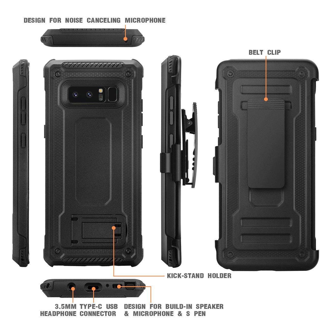 Galaxy Note 8 case, eSamcore Full Body Protection Shockproof Case Cover with Rugged Heavy Duty Holster Clip Kickstand [WITHOUT Built-in Screen Protector] for Samsung Note 8 2017 [BLACK]