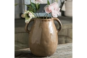 Tanvecle Brown Ceramic Vase with 2 Handles, Modern Farmhouse Decor, Rustic Terracotta Pottery, Decorative Flower Vases, Clay Small Vase, Centerpiece for Dining Table - 7 Inch Tall