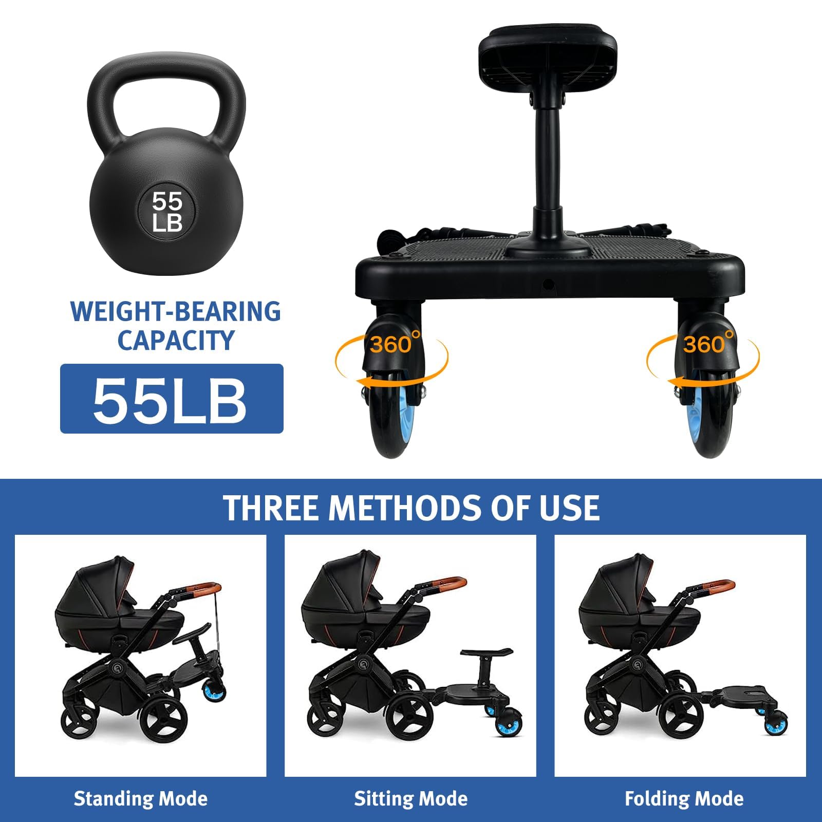 Universal Stroller Board with Detachable Seat - 2 in 1 Sit and Stand Stroller Standing Board for Most Brands of Strollers Holds Children up to 55lbs-Blue