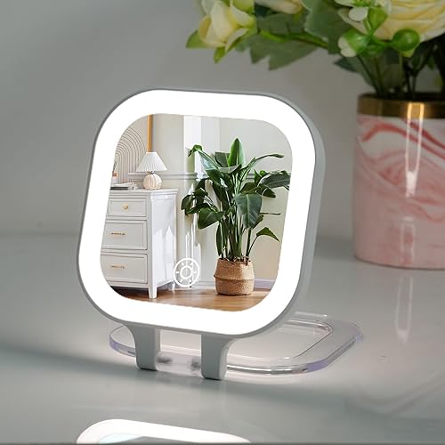 FUNTOUCH 4inch 1x 10x Magnifying Travel Makeup Mirror with Lights, Rechargeable Lighted Compact Mirror with Light, 3 Color Lighting, Double Sided Portable Handheld Hanging Compact Mirror, Dimmable