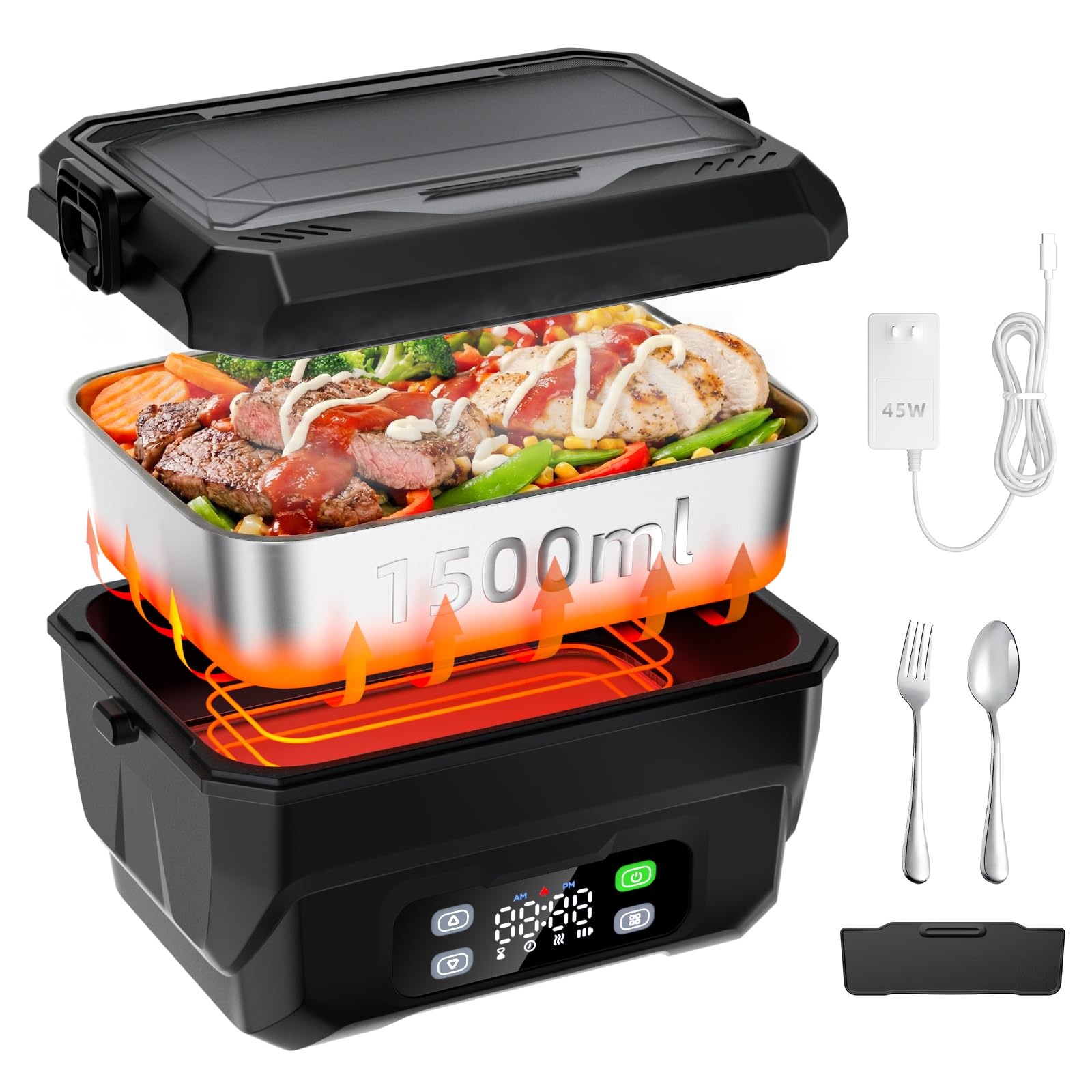 Photo 1 of 100W Cordless Heated Lunch Box, 45W Fast Charging?22000mAh Rechargeable Electric Lunch Box for Adults - 6.5 Cups Portable Food Warmer with 24H Scheduled Heating, for Work, Office, Outdoor(Black)