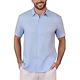 Kallspin Men's 100% Linen Button Down Shirts Casual Short Sleeve Tops Collared Summer Beach Shirts