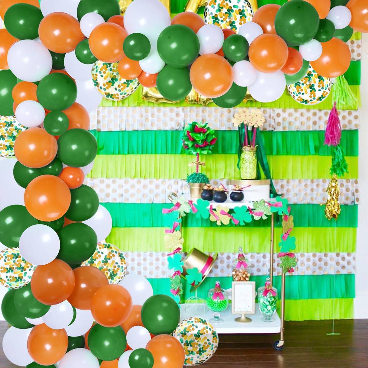 JOYMEMO 109 Pcs St. Patrick’s Day Decoration Set - Green Orange White Balloon Garland Arch Kit, Jumbo Shamrock Balloons for Lucky Irish Festival Party, Kids 1st 2nd Birthday, Baby Shower, Home Decor