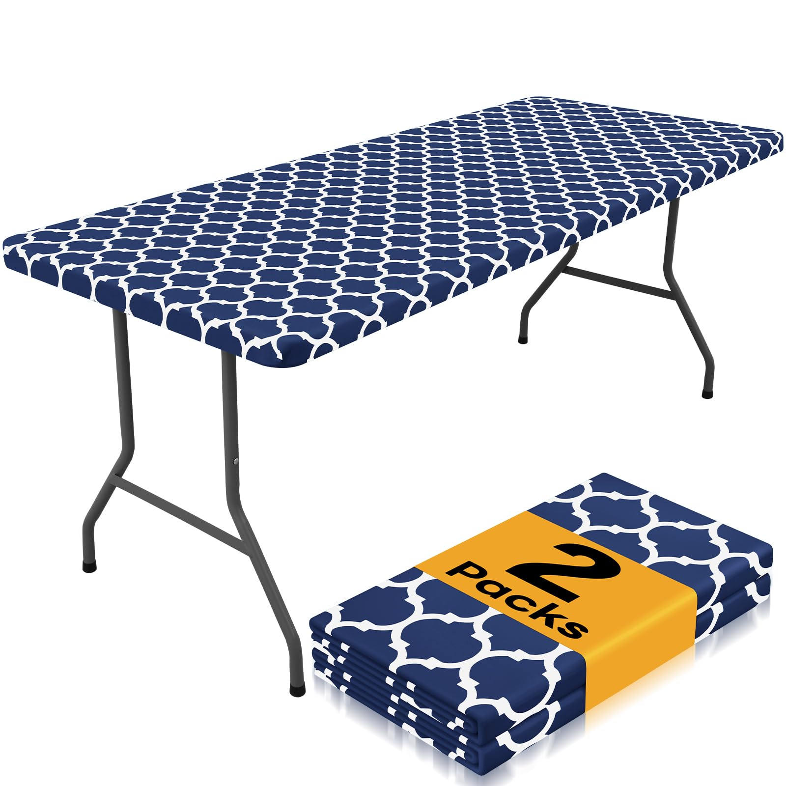 Photo 1 of Smiry 2 Pack Rectangle Table Cloth 6 Foot, Waterproof Elastic Fitted Tablecloths, Windproof Washable Polyester Table Cover for Picnic, Camping, Outdoor (Navy, 30"x72")